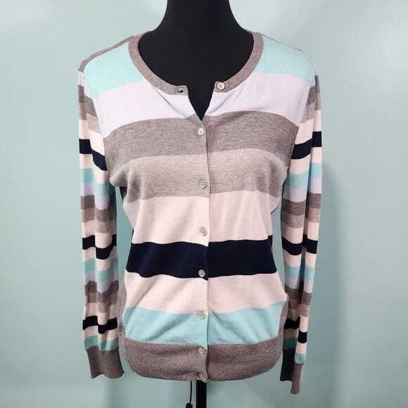 Lands End Striped Cardigan Blue/Gray Medium.  Lot E - Picture 1 of 7
